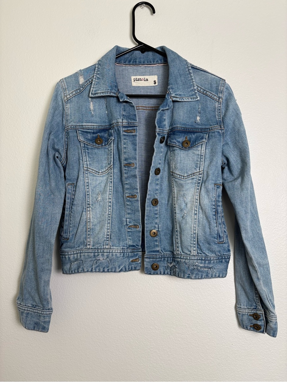 pistola Light Wash Blue Distressed Denim Jacket Size Small/Med